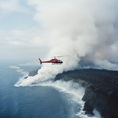 Helicopter observes volcanic eruption coastal area aerial photography natural environment dramatic perspective disaster monitoring