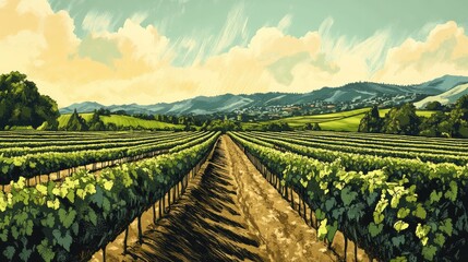 Naklejka premium Agricultural hand drawn modern illustrations of vineyard landscapes. Farm vineyard, landscape field agriculture illustrations.