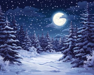 Fototapeta premium Snowy forest under a bright full moon.