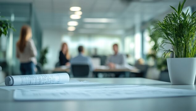 Blueprints on a Table in a Modern Office
