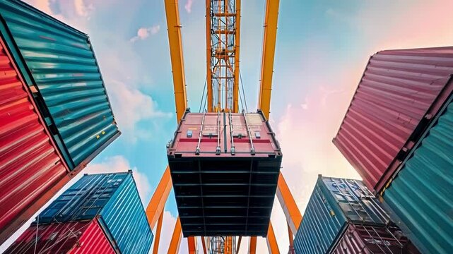 Cargo container being lifted by a giant yellow gantry crane in a port, with colorful shipping containers stacked in the background