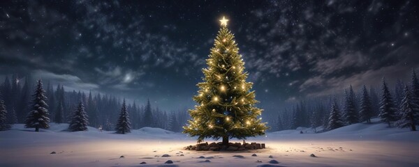 Fototapeta premium A beautifully decorated Christmas tree shines brightly under the night sky against a backdrop of soft, falling snow and sparkling stars, starry night, whimsical colors, snow covered ground