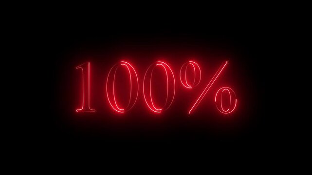 100 percent neon glowing sign on black background loop animation