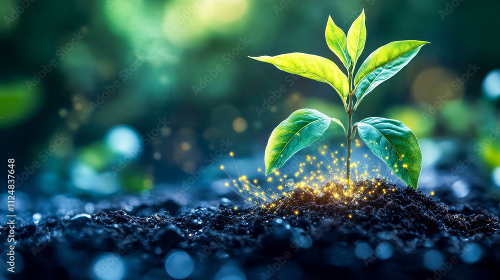 Aufkleber a seedling making its way through the soil. luminous threads radiate from the base of the sprout, cr