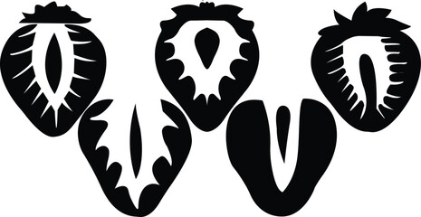 A collection of strawberry silhouettes in various shapes presented as an isolated vector illustration