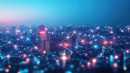 Obraz premium ai, network, technology, artificial intelligence, energy, innovation, future, digital, link, tech. smart cityscape with neon border builder. futuristic communication technology concept and innovation.