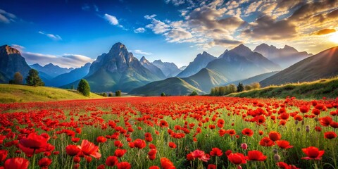 Captivating Candid Photography of a Vibrant Field of Red Flowers with Majestic Mountains in the Background Under a Clear Blue Sky, Ideal for Nature Lovers and Scenic Landscapes