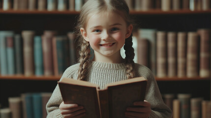A smiling child in a library holding a book, symbolizing joy in reading.