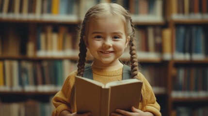 A smiling child in a library holding a book, symbolizing joy in reading.