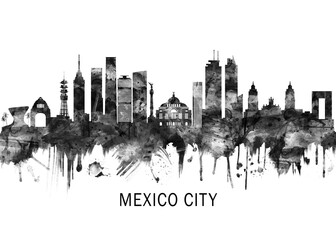 Naklejka premium Mexico City Mexico Skyline BW, abstract painting travel poster urban landscape modern art downtown skyline illustration landmarks skyscrapers artwork architecture