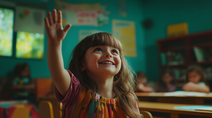 Child raising hand in class symbolizes curiosity and active learning.