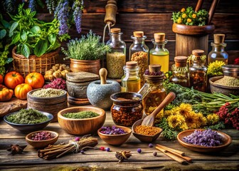 Captivating Candid Photography of Herbal Medicine Preparation and Natural Remedies in a Rustic Setting with Fresh Ingredients and Traditional Tools