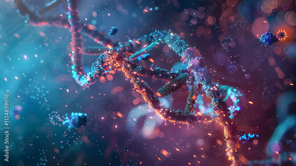 Poster glowing dna helix with particles.