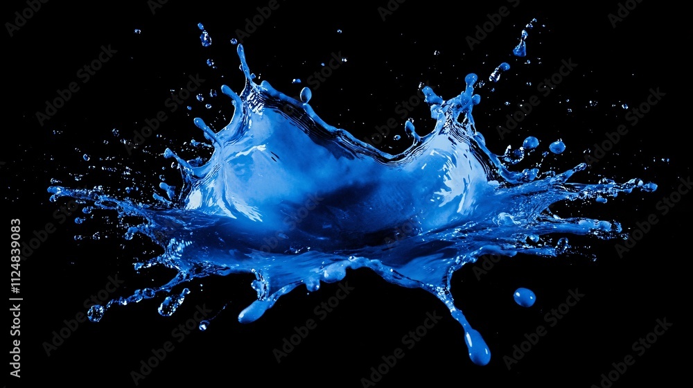 Poster blue water splashing on black background creating a crown shape