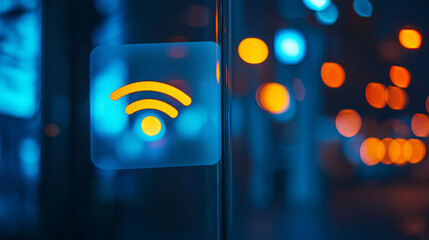 Wi-fi symbol glowing in urban night, symbolizing connectivity and digital communication.