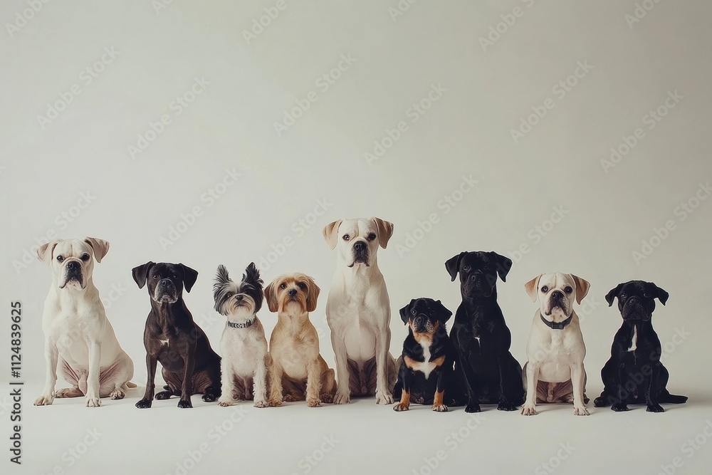 Aufkleber Different dog breeds are sitting together in a minimalist studio, showcasing their diverse sizes and personalities in an inviting atmosphere. Generative AI