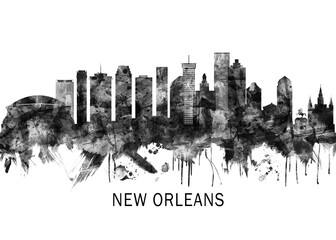 Obraz premium New Orleans Louisiana Skyline BW, abstract painting travel poster urban landscape modern art downtown skyline illustration landmarks skyscrapers artwork architecture