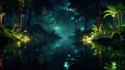 Tropical and exotic night forest,Fairytale forest with mystical magic lights reflected water. Living greenery of the forest, 4k High-Quality Wallpaper fantasy art Background Animation Video