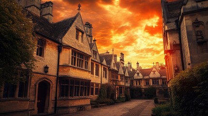 Amazing Beautiful sunset in Oxford, UK, Oxford university buildings, old college