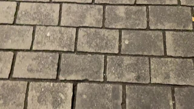 A beautifully paved stone surface with a unique block pattern, ideal for diverse backgrounds. First-person view underfoot, a man walks through the city in the evening.