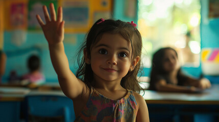 Child raising hand in class symbolizes curiosity and active learning.