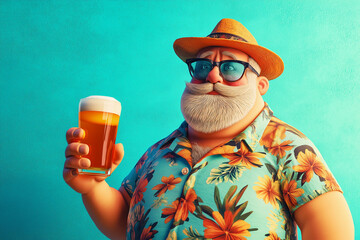 over weight male tourist drinking beer in green copy s pace