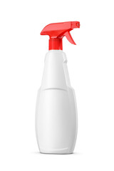 Plastic sprayer detergent bottle with red trigger isolated. Transparent PNG image.