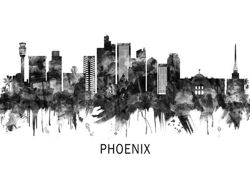 Phoenix Arizona Skyline BW, abstract painting travel poster urban landscape modern art downtown skyline illustration landmarks skyscrapers artwork architecture