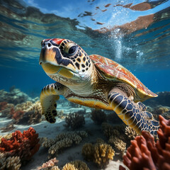 Fototapeta premium Colorful sea turtle swimming in the azure ocean.. 