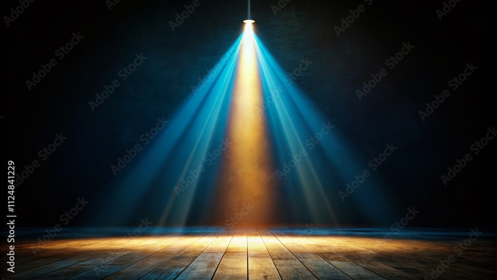 Poster captivating close-up of a beam of light illuminating an empty stage with ample copy space for text o