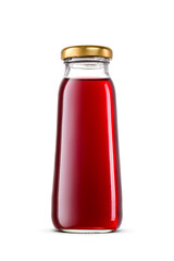 Clear glass bottle of red cherry juice with metal twist off lid isolated. Transparent PNG image.