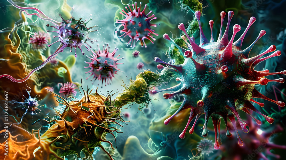 Poster microscopic view of viruses and cells interacting.