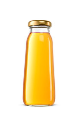 Small glass bottle of apple juice with metal twist off lid isolated. Transparent PNG image.