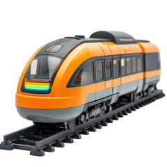 Naklejka premium Orange and gray modern train model on tracks isolated on transparent background cutout png