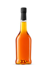 Glass bottle of amber color alcohol, whisky, brandy, cognac isolated. Transparent PNG image.