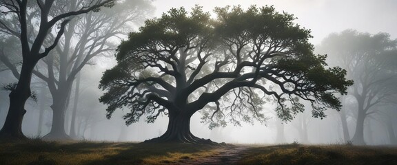 A majestic oak tree stands alone in a misty morning forest, foggy morning, misty oak trees, woodland atmosphere