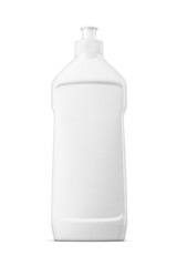 White plastic bottle for dish washing soap liquid with push pull cap dispenser isolated. Transparent PNG image.