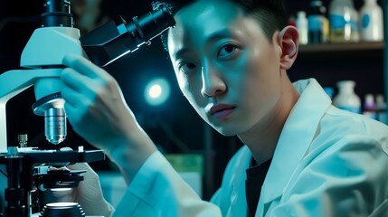 Scientist in lab coat holding molecular model of serotonin receptor, with microscope and scientific instruments, highlighting the significance of neuroscience research.