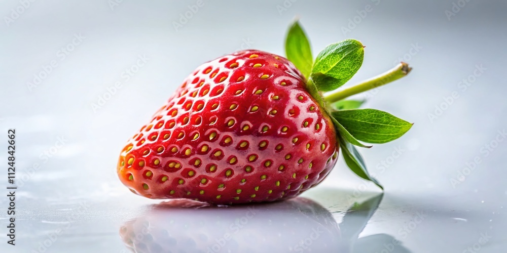 Poster captivating close-up of a single fresh red strawberry on a white background with high depth of field