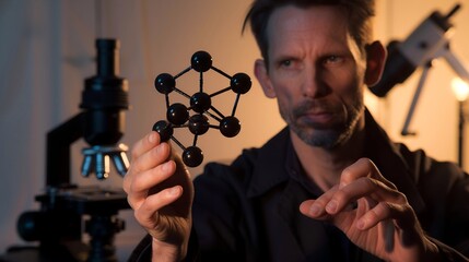 Scientist in lab coat holding molecular model of serotonin receptor, with microscope and scientific instruments, highlighting the significance of neuroscience research.