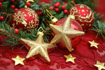 Red ornaments with golden stars on festive greenery