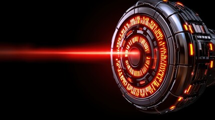 Futuristic sci-fi technology with glowing red laser beam and circular metallic device
