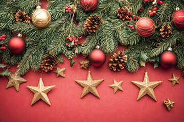 Christmas decor with pine branches and ornaments.