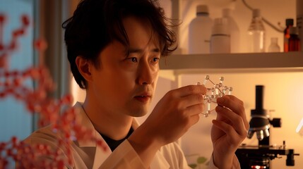 Scientist in lab coat holding molecular model of serotonin receptor, with microscope and scientific instruments, highlighting the significance of neuroscience research.