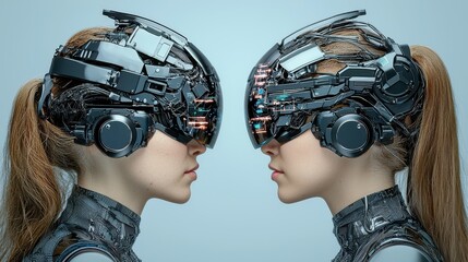 Futuristic Portrait of Two Women with Advanced Technology Headgear in a Sci-Fi Setting
