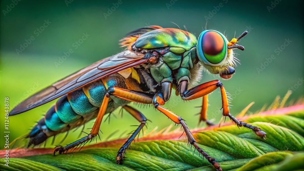 Poster captivating close-up of neoitamus cyanurus, the common awl robberfly, resting on a leaf with natural