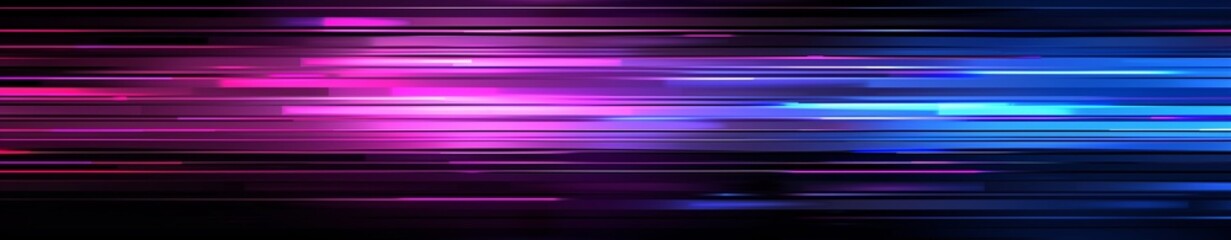 Abstract neon background with horizontal glowing lines and stripes, in a dark blue, purple, and pink color gradient.