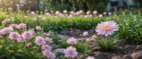 Obraz premium A pale pink flower adds a touch to the garden bed , peaceful atmosphere , natural scenery, fresh growth
