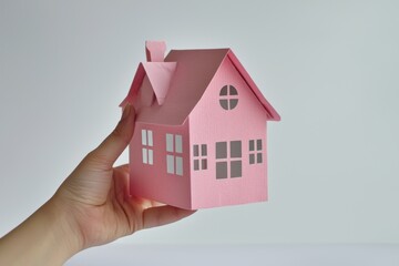 A hand holding a paper house against a white background,
