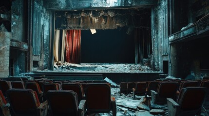 An abandoned cinema with an old worn out stage and broken seats. The theater is filled with debris from past years of use, creating an eerie atmosphere